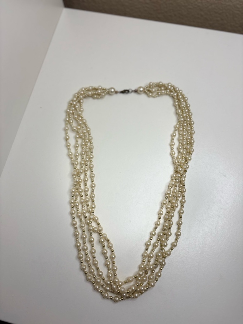 Vintage Multi Strand Faux Pearl Bib Necklace Gold Tone Waterfall